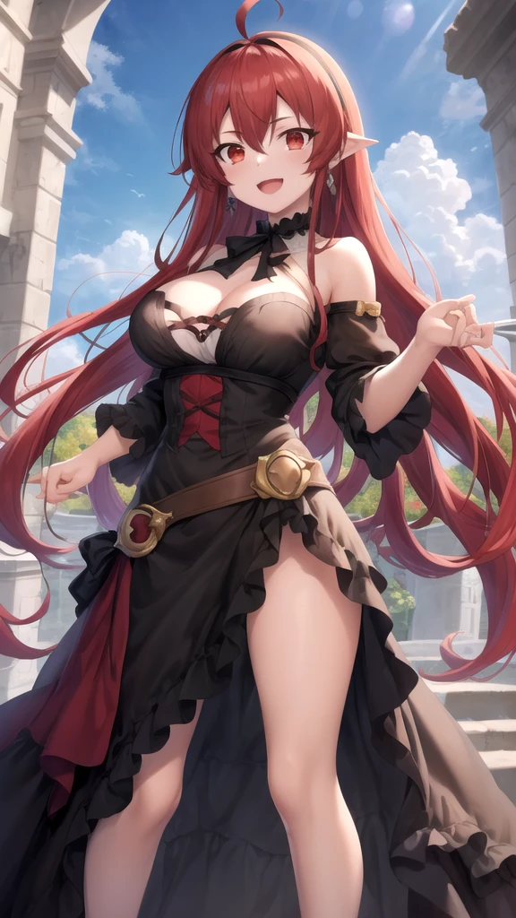 ((masterpiece, best quality)), (1girl),((mature female)), red hair, hairband, bangs, long hair, leotard, hair ornament, black hairband, shoulder cutout, black thighhighs, (large breasts:1.2), (busty), tying hair,curvy,cleavage,confident,nature, sexy