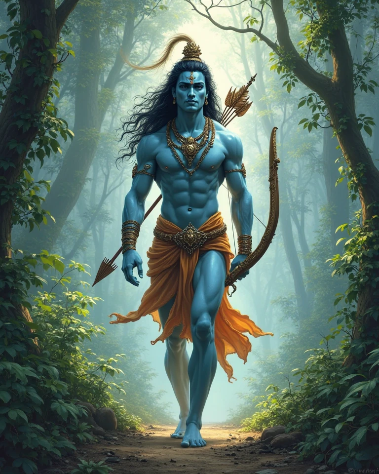 Lord krishna Narayan avtar with anger shows in eyes carrying large bow and arrow statue inside the deep and dark ocean with historical structures art