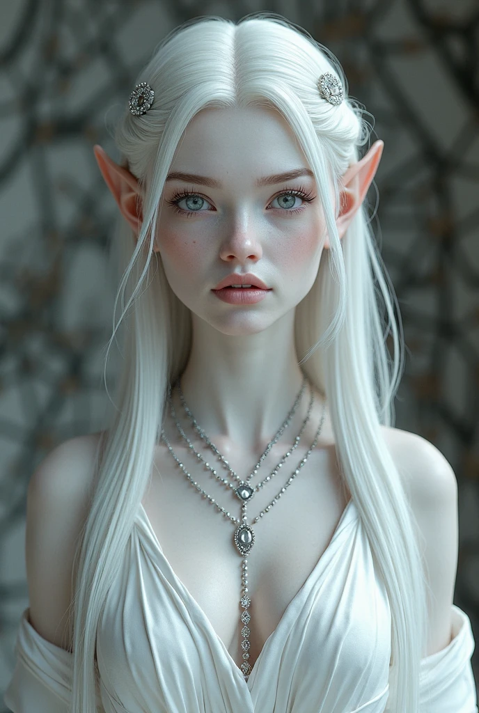((smooth flawless pale blushed skin:1.3)) ((magical head and shoulders 1/2 profile portrait)) (Dark Fantasy Aesthetic portrait:1.2), (Glamour, elfin, elegant:1.3) ((white hair, curls, luminous, pulled back over ear with a jeweled silver barrette:1.4))  bust photo of a 20yo, (gorgeous, innocent, painfully beautiful, blushing, sweetness, in love:1.2)  ((wearing a silver platinum metal collar covered in hundreds of tiny diamonds and rubies, in an amazing geometric pattern, inticate details, light sparkling, glittering:1.5)) ((wearing a white metal platinum breastplate covered in hundreds of sparkling diamonds:1.5)) vivacious, enigmatic, ethereal, (albino:1.3) (nymph:1.3), (albinism:1.4), ((High broad forehead:1.5)) ((Clean, Straight Eyebrows)) ((((oddly unusual, Wide-Set enormous purple Eyes))))) ((Tiny cute button nose upturned)), ((small thin, gentle red lipgloss Lips))   windswept (stylish short white hair:1.3) (piercing, flashing, Red eyes, purple eyes:1.3), (looking at viewer), ( Cheeky Smile:1.3), (mischievous Expression:1.2) (flawless skin:1.3), (shiny skin), diaphanous white dress, (snow covered Woodland, foggy:1.4), (half-obscured:1.3), (Close up:1.2), Dutch Angle), (dynamic composition:1.2), (shallow depth of field:1.2), (dappled sunlight:1.2), vibrant, saturation, ((realistic-ultra-HD-details)) ((golden ratio, rule-of-thirds masterful-composition)) ((head down, looking up)) ((slender shoulders)) 
 ((detailed amazing hyper_detailed, absurdres, photo, masterpiece))  
((8k award winning, best quality)) [chibi] 
RAW photo, subject, 8k uhd, soft lighting, high quality, film grain, Fujifilm XT3
 <lora:leco_pale_skin_last:-1.6> ((pale skin, white skin))