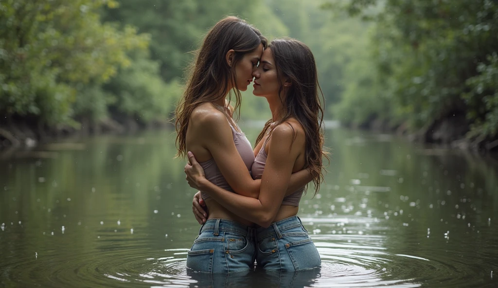 A stunningly realistic scene of a young, beautiful girl soldier in her dress uniform, tenderly embracing a pretty young civilian girl and kissing her on the mouth with her tongue in the mouth. The soldier's eyes are filled with love and adoration as she leans in to passionately French kiss her companion while caressing each other's butts and boobs. The two girls are standing in the water up to their hips amidst a lush green forest, their surroundings creating a serene and intimate atmosphere. In the background, there's a small wooden bridge over a babbling brook, adding to the picturesque beauty of the scene. The soldier's combat bear, which has been a constant companion throughout her adventures, watches on approvingly from the sidelines, its eyes gleaming with pride and joy for the young lovers., vibrant color grading, wide-angle shot, bokeh