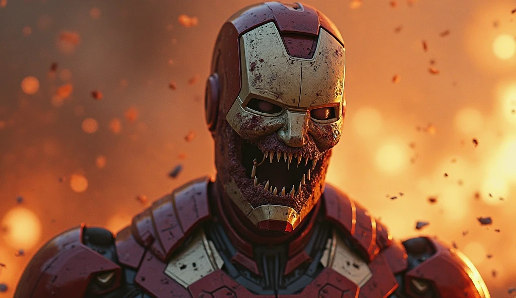 Dramatic ironman as a zombie covered in wounds and blood all over and opened its mouth showing its teeth and ready to bite, lightning on the background, cinematic, extreem realistic, extreem detailed, extreem Sharp, middle close-up shot