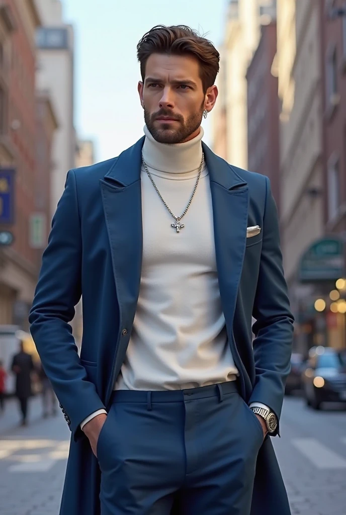 a man with a white sleeve turtle neck, blue coat, blue pants, black shoes, silver earings, necklace, and bracelet