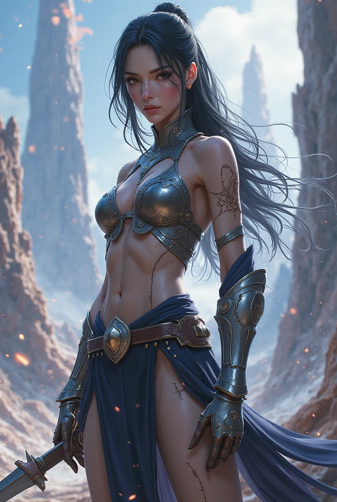IsabellaDA, 1girl, solo, dark skin, dark-skinned female, weapon, jewelry, breasts, earrings, tattoo, hand on hip, thighhighs, gloves, black hair, boots, sword, holding, fingerless gloves, cleavage, holding weapon, armlet, armor, thigh boots, brown eyes, looking at viewer, facial tattoo, bandana, very dark skin, bracelet, medium breasts, black gloves, cowboy shot, piercing, shoulder armor, holding sword, hoop earrings, knife, pauldrons, bracer, lips, long hair, smile, necklace, dagger, makeup, eye of horus, arm tattoo
<lora:epi_noiseoffset2:1>, <lora:IsabellaDA:0.7>