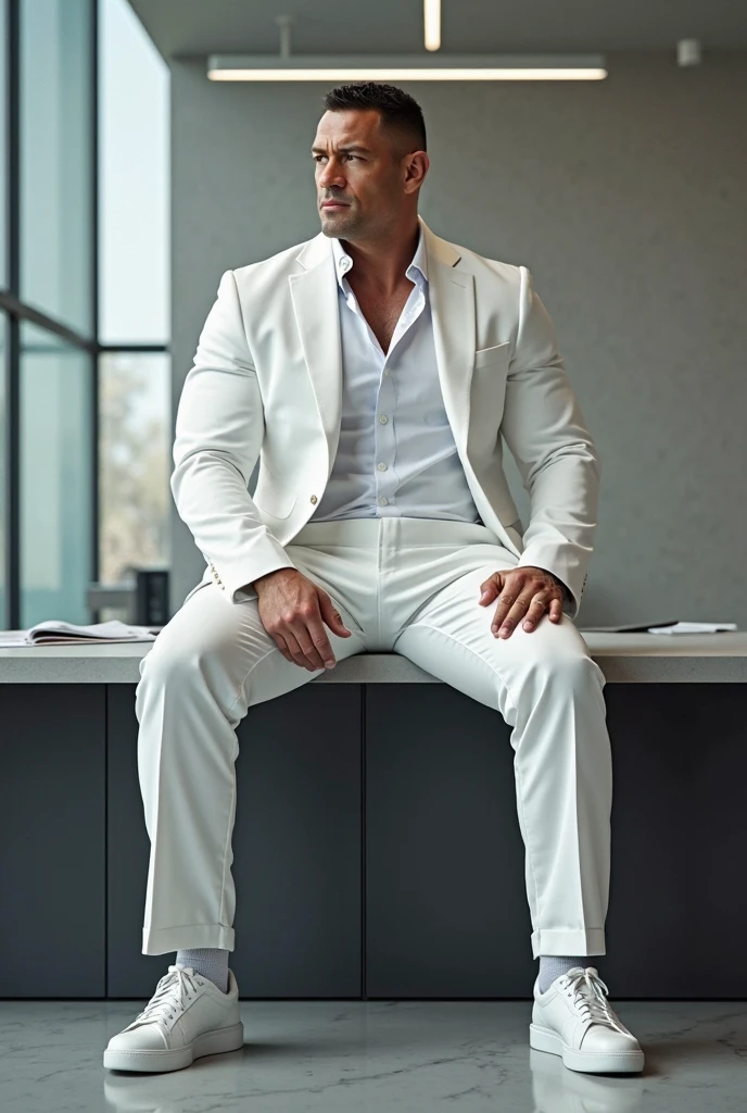 masterpiece, ultra photorealistic, best quality, high resolution, realistic, sharpness, detailed skin pores, real sunlight coming from the windows of luxurious house, 8k, a man, focus on man, bald and muscular man , pale skin, very tall, American face, muscular body like a god, small waist, dressed in a suit and colbata, men's jewelry on his wrist and is sitting in the living room of a luxurious house that has the open windows covered with curtains