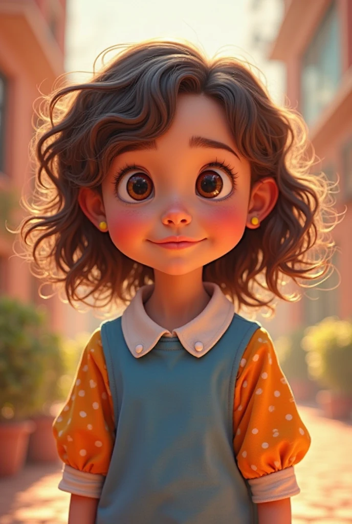  girl, short hair reaching down to the ears, with curls, brown eye color coffee, long eyelashes, Venezuelan, clear skin, at his school, yellow shirt uniform, He is smiling inside his school. Beautiful and chubby 