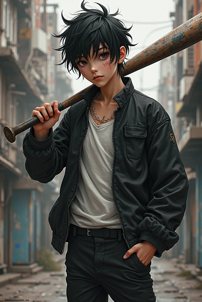 Teenage boy with logan hair smoking cigar with arms crossed wearing anime style leather jacket