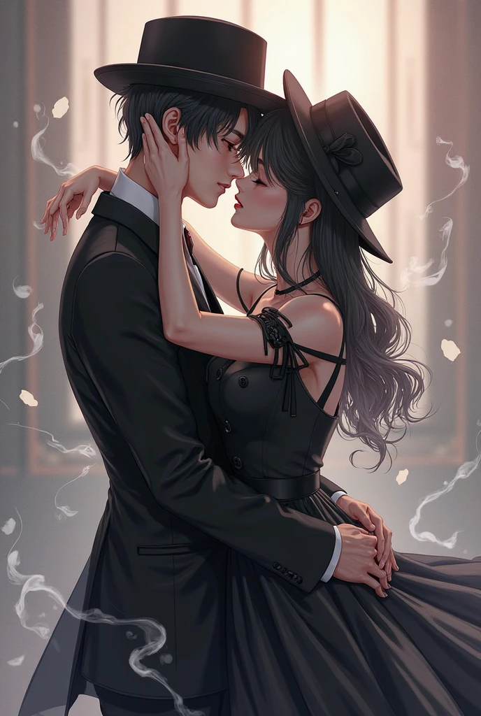 Kazuma with Megumin from the anime Konosuba, smoking, with black Victorian style clothing.