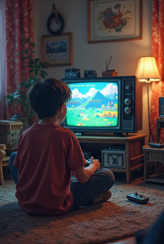 boy playing retro style video games with big tv