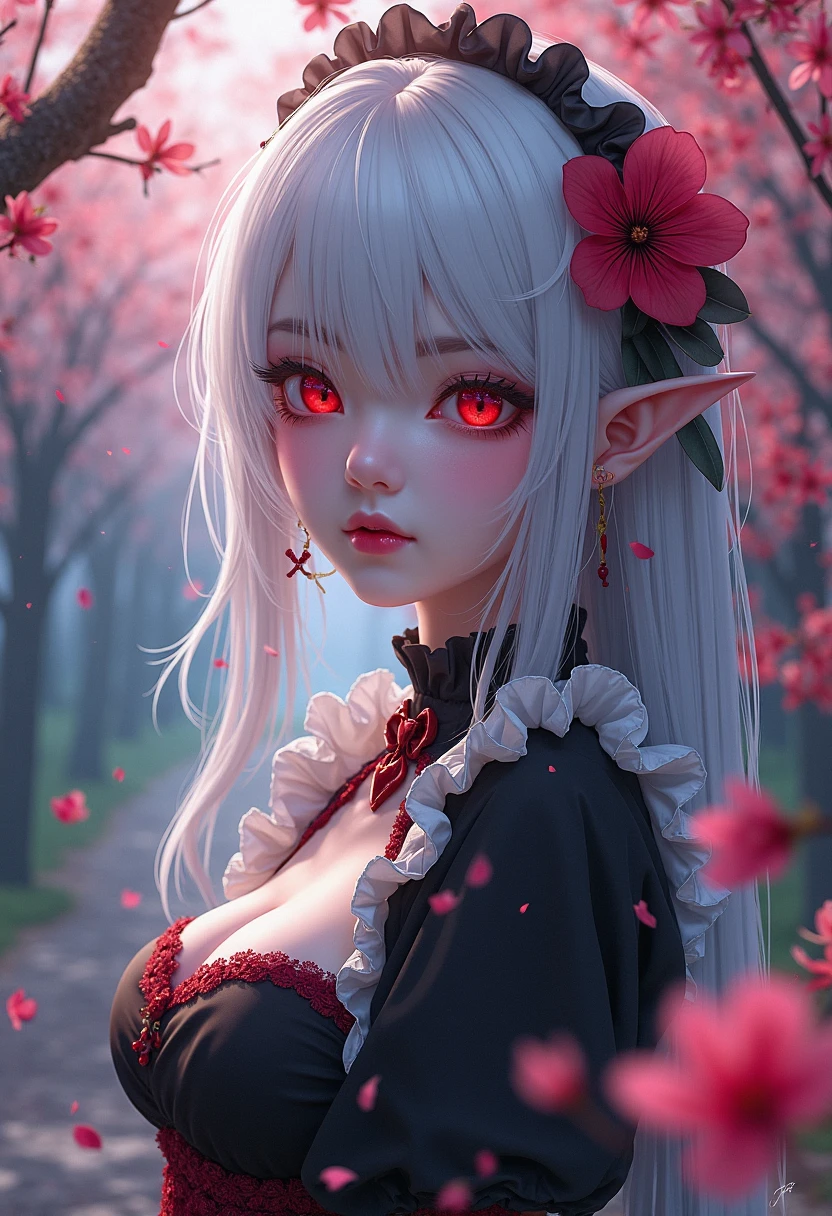 playful anime elf girl with pointy ears with white hair and dark grey and red strands in her hair striking a playful pose with an seductive grin on her face, she is wearing a bloodred and white leather dress, bloodred and black blossoms as accessories in her hair, playful grin on her face, shiny dark red eyes, dark grey tendrils with dark red clemantis flower blossoms in the background, playful look, detailed ayes, best anime characterdesin, high resolution, 8K fantasy artwork