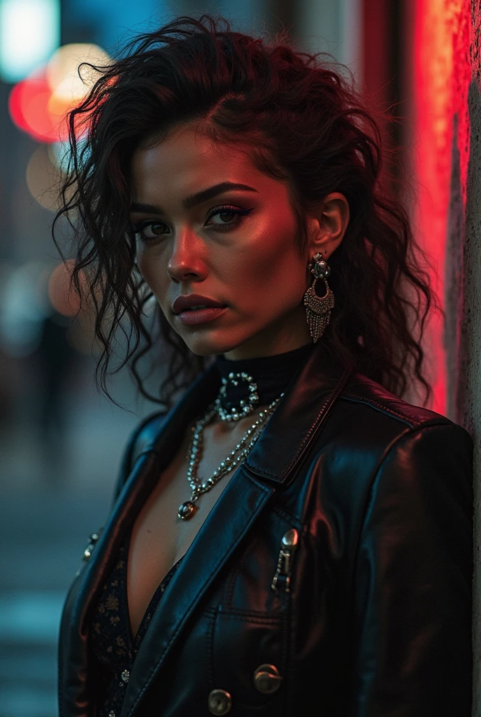 beautiful latina girl, half body portrait, long curly hair, black eyeshadow, (street style wear:1.2), (city background:1.2), dark makeup, highly detailed, fine detail, intricate, beautiful detailed glow, detailed, Cinematic light, highres, detailed facial features,sharp focus, smooth, she needs to look very atractive and sexy
