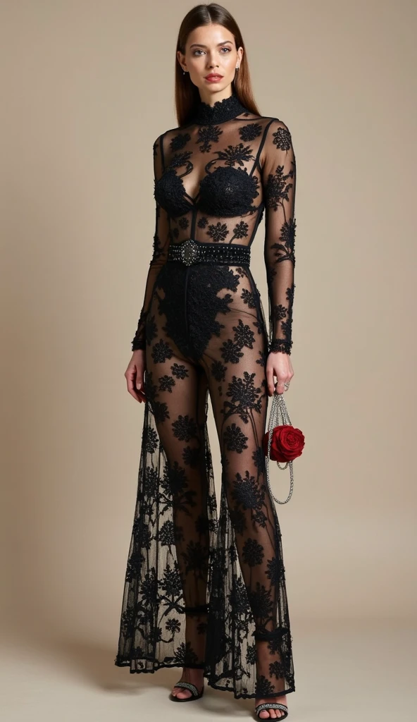 elaborate lace and see through dress, model on the streets of New York City.