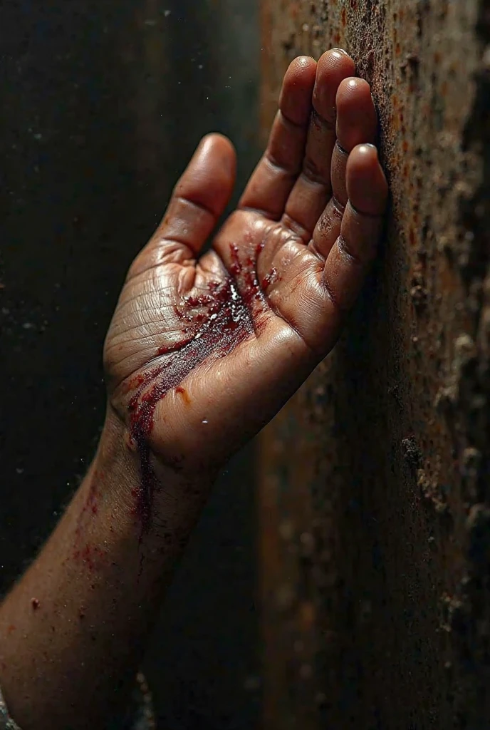 A close-up photograph of a hand with severe, ragged wounds, capturing the aftermath of a traumatic incident. The hand is covered in deep lacerations, blood seeping from the torn flesh. The lighting is harsh, casting dramatic shadows and highlighting the grisly details of the injuries. This image conveys a sense of urgency and the immediate aftermath of a catastrophic event.