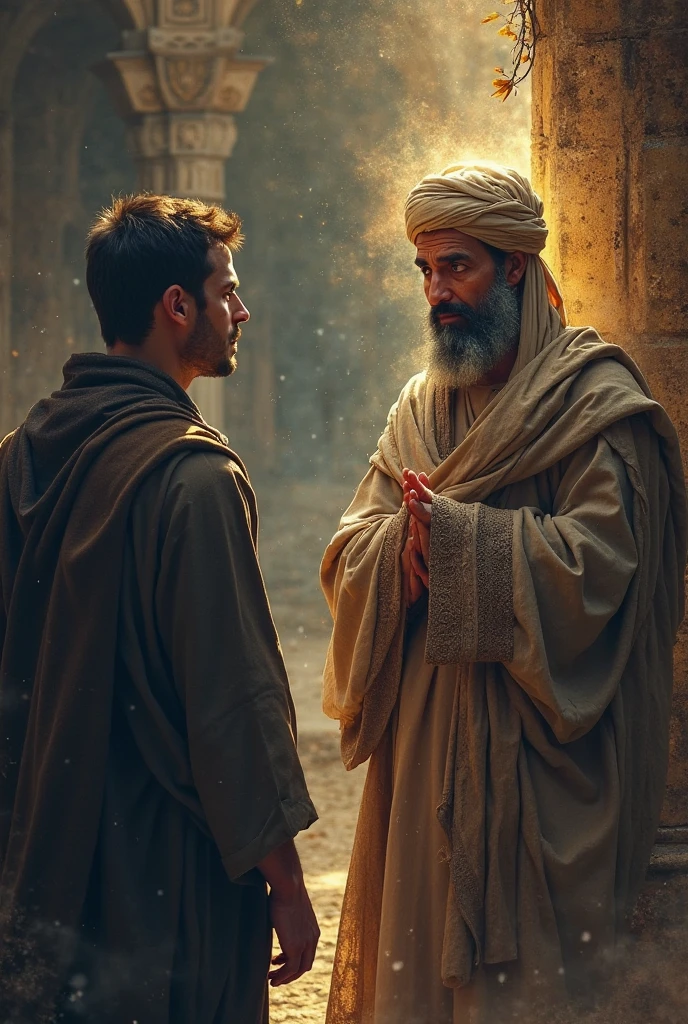 Prompt: The imam, placing a hand on the thief’s shoulder, smiles warmly and says a prayer, his face full of compassion and hope for the thief's future.