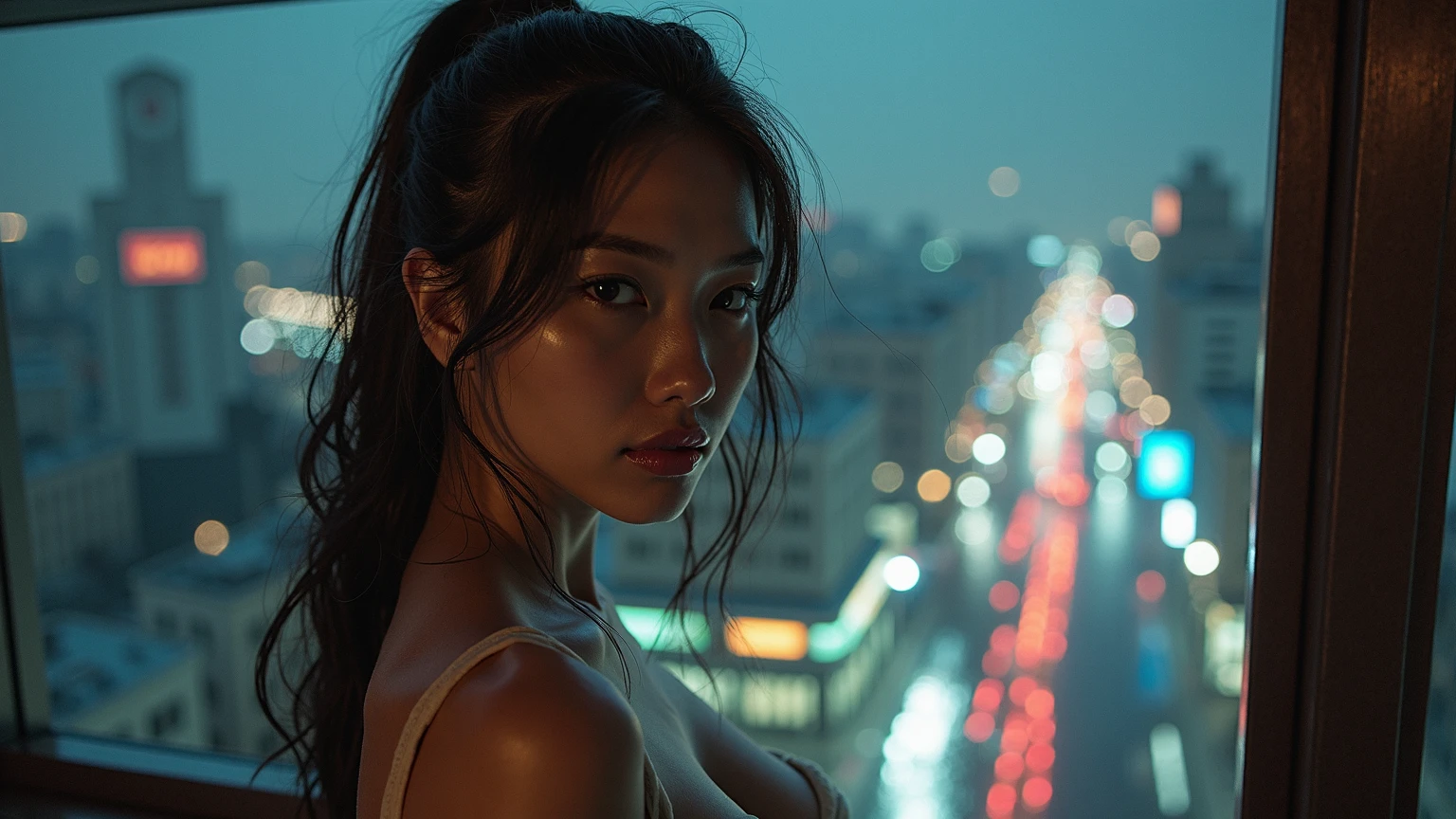 1girl,solo, long hair, Rough skin,(looking at viewer:1.2), hair,micro_shorts, heavy boobs,dark,polaroid,(depth_of_field:1.5),rainy days,outdoors,street,long brown hair , moody lighting, Tyndall effect,Cinematic Lighting,night,lamppost,lens flare,available light,rim light,glowing neon lights,curvy,chinese_style,