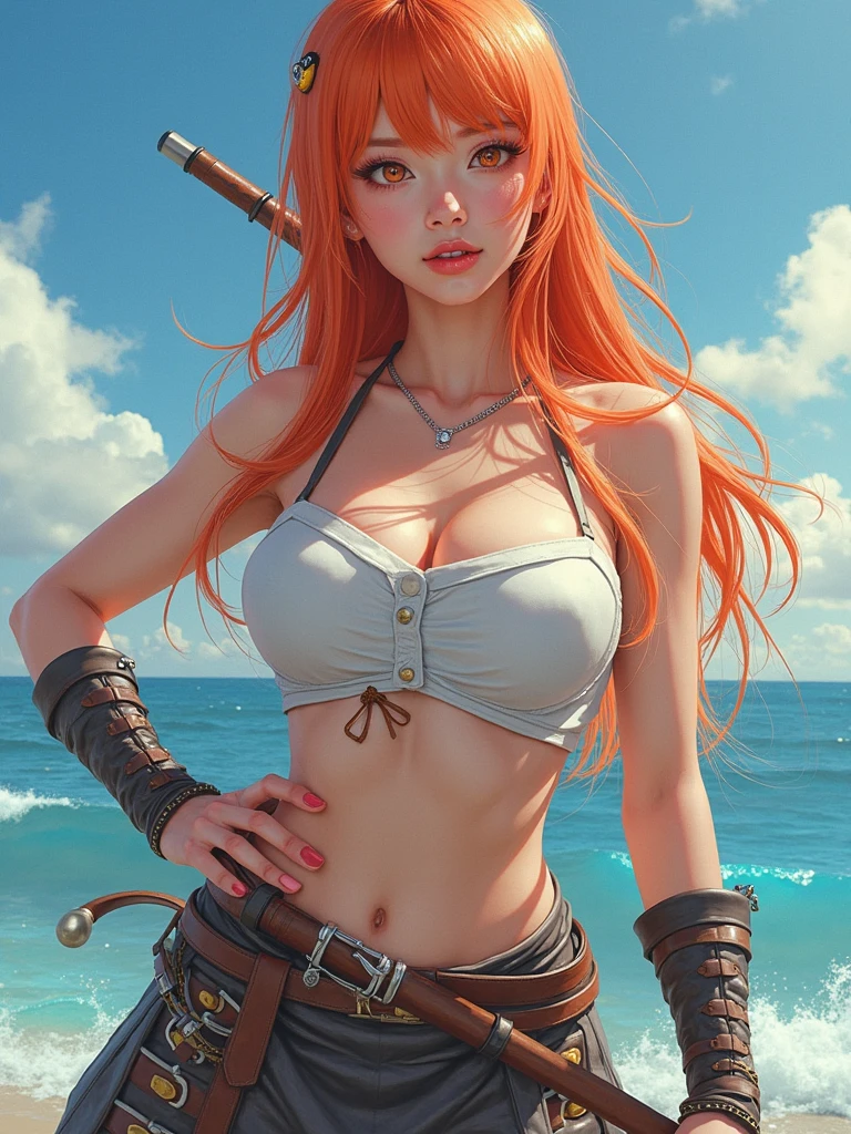 (masterpiece, 最high quality:1.4), (pirate ship), (From the back:1), (One girl), (alone), (head to waist photo) , Nami from One Piece, hyperRealistic, Skin with attention to detail, Digital SLR, Soft lighting, high quality, Highly detailed face, Highly detailed eyes, Highly detailed skin, Skin pores, Scattered beneath the surface, Apply blush all over the face, Highly detailed face, Highly detailed eyes, Beautiful Face, Fuller lips, Detailed Background, Depth of written boundary, Volumetric lighting, Sharp focus, Realistic proportions, Excellent anatomy, (Realistic, hyperRealistic:1.4), 16k hdr, Dawn