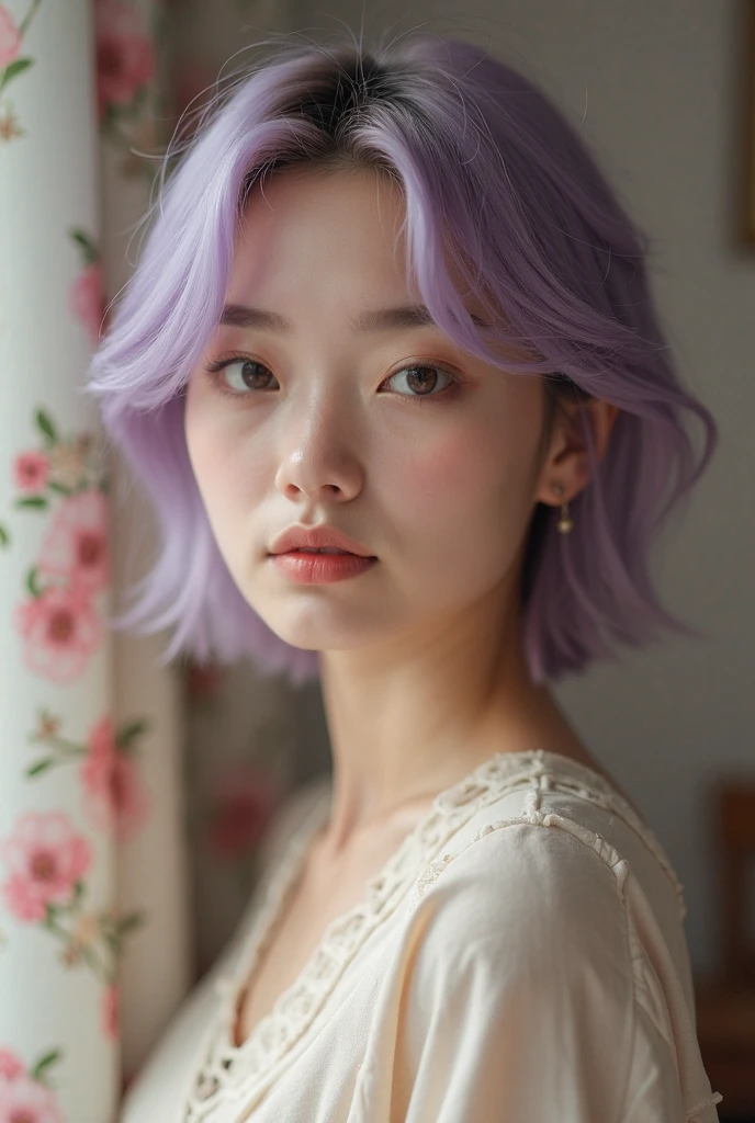 (extra detailed body、extra detailed face、best qualtiy:1.2)、femele、looking at the viewers、(、Purple and white gradient hair color。)(White wall on background 4)