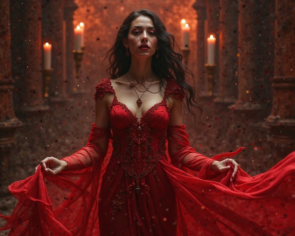 photo, portrait, intimidating Woman floating [a discovery of a moon to new worlds|a cursed prince must marry a monster], [scifi:fantasy:0.6] cinematic Lighting, red dress