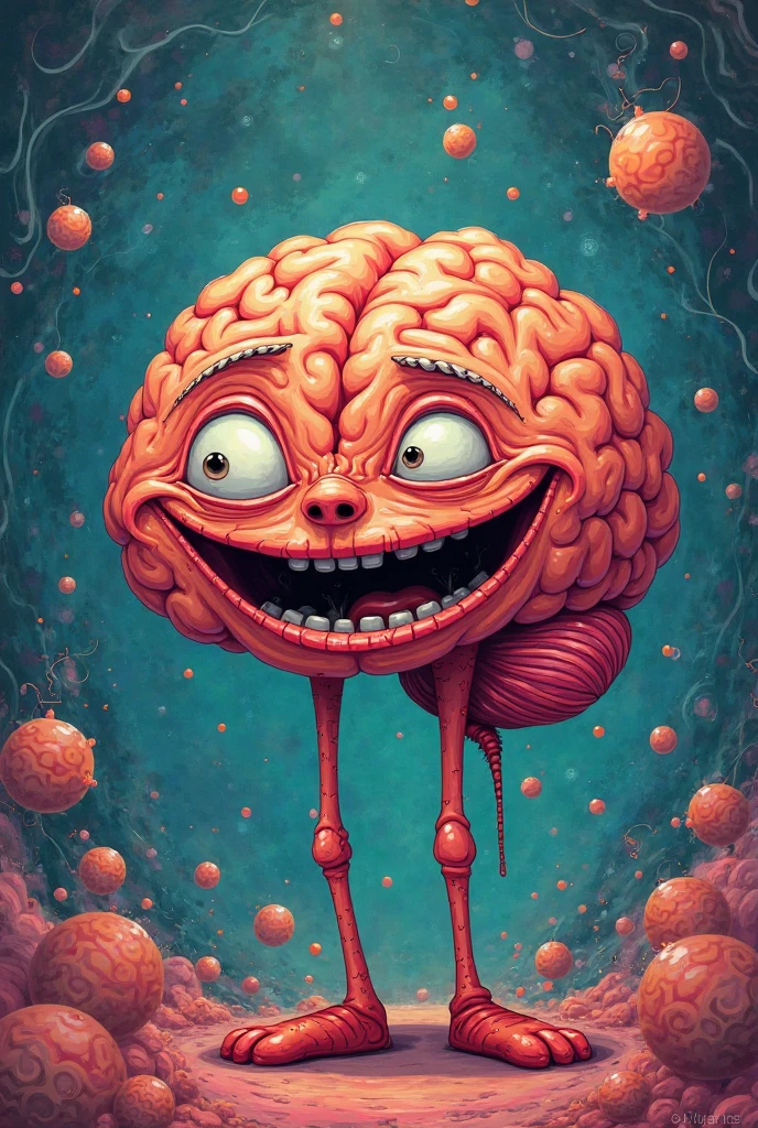 An anthropomorphic Brain. The brain has arms. the brain is holding a bottle in its hands. The brain has eyes and a mouth. The brain appears drunk. It is at night in a bar. The bar is dimly lit. The brain has bloodshot eyes. The brain is sitting on a stool at a table.