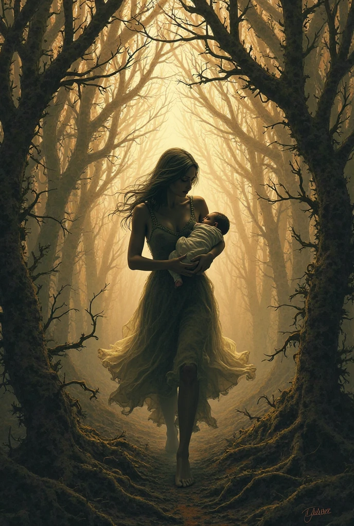 Art drawing about a black woman who gave birth in the middle of the woods