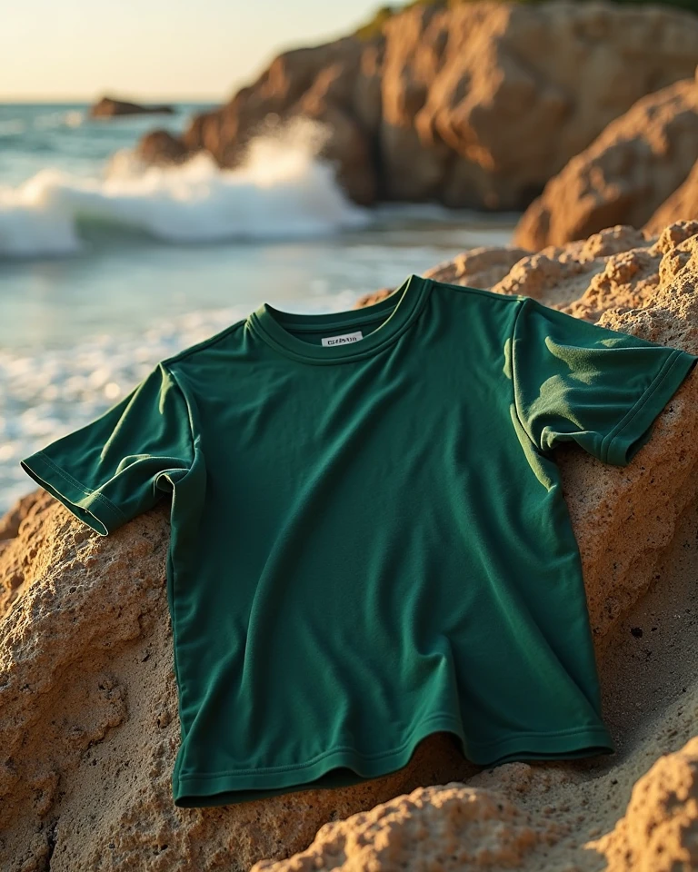 1 men, with mid lenght brown curly hair, green eyes, with a calm face, in loose t-shirt , on the shore, half body, high res, ultrasharp, 8K, masterpiece,