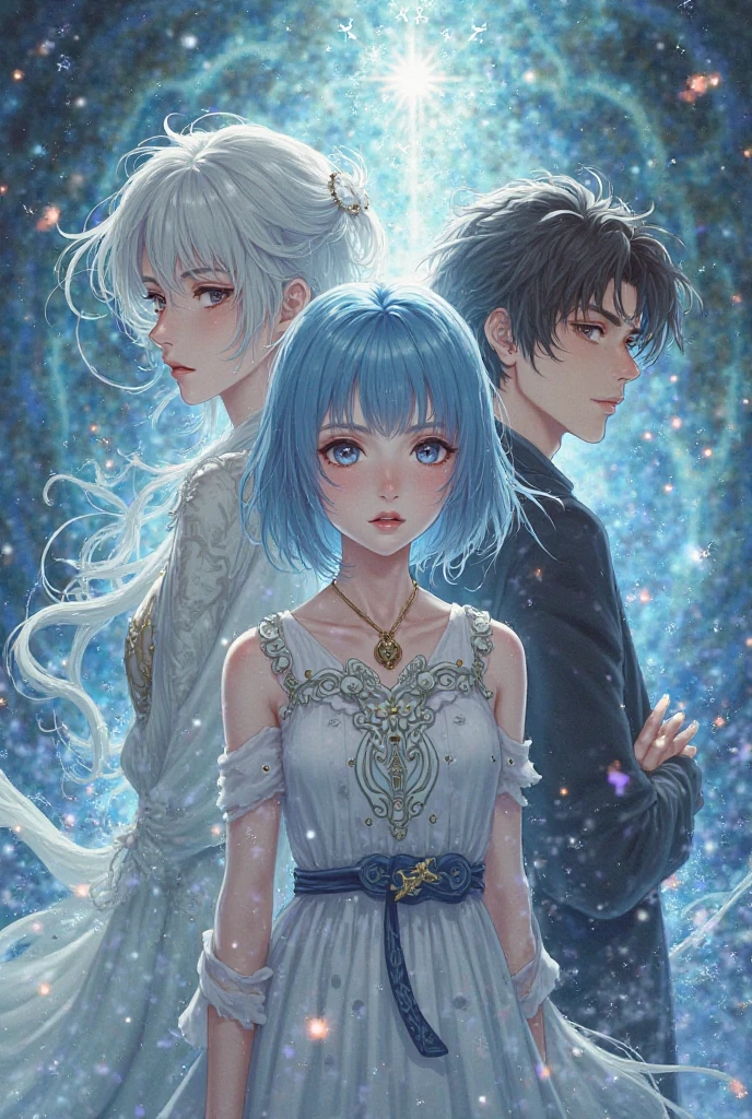 A light-skinned woman, He has short hair down to his back and is blue in color (celestial cases). He has blue eyes and is smiling calmly.. She has big breasts and is wearing casual clothes.. she is a milf.