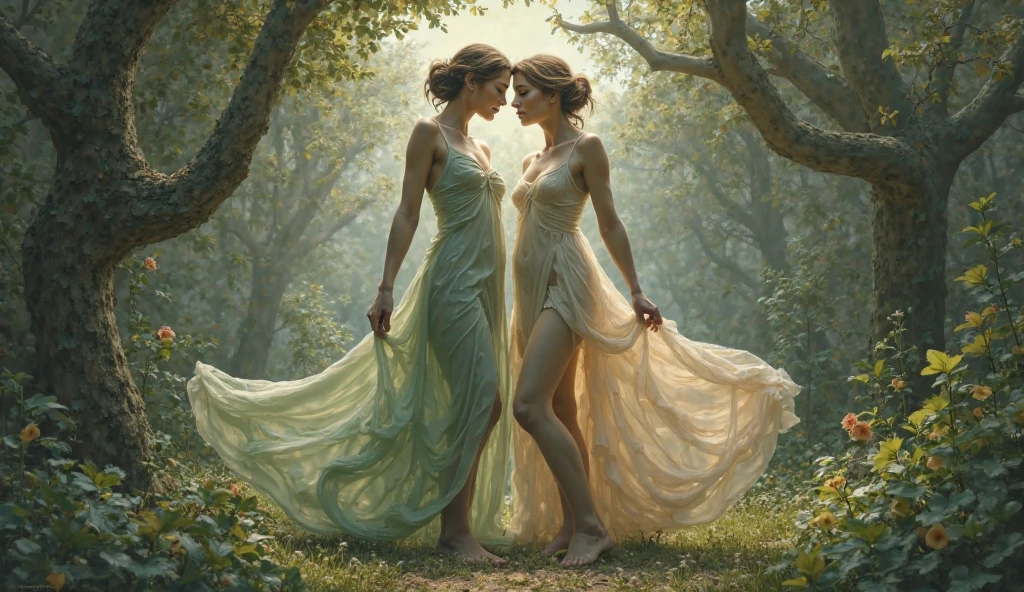 nude Delphic dancers in the style of Claude Debussy, impressionism, stylish photo