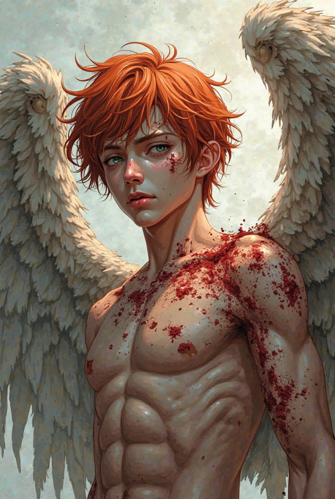 6-year-old boy with dark eyes and red hair with symbols on his body, half angel, half demon
