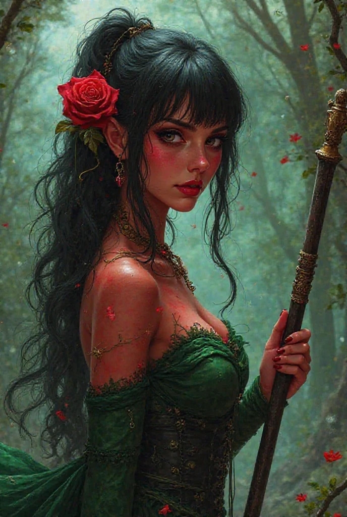 BEAUTIFUL ELF,fully body, (evil expression),(elf ear)short, bodycon dress,pulling a huge wolf by the chain(wolf bigger than elf}red roses around you