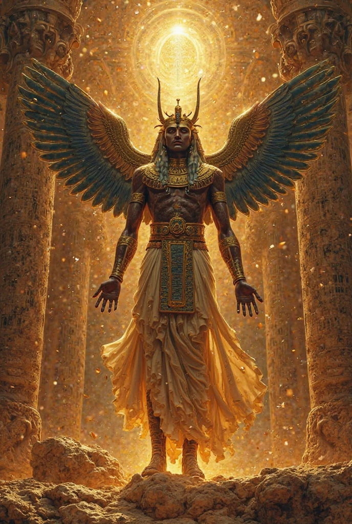 Design an image of Shu, the god of air, as a male figure with dark brown skin, green eyes, and a feathered headdress. He should be depicted actively separating the sky from the earth, with traditional Egyptian aesthetics and cosmic elements in the background. Include traditional Egyptian aesthetics such as gold accents and ancient symbols. Use masterpiece, best quality, CG, wallpaper, HDR, high quality, ultra detailed face, cinematic, high detail, 8k, raw, high, artstation HQ, unreal engine, octane renderer, 4k resolution, hyperrealistic, highly detailed, and absurdres settings