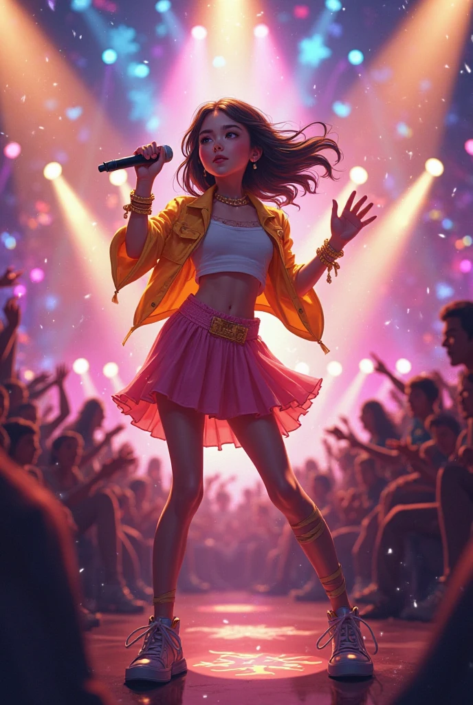 Anime, girl, white bra t-shirt, navy jean jacket, short jean pants, brown kneel high heel boots, long black hair, black eye, lip stick, idol, on stage, singging