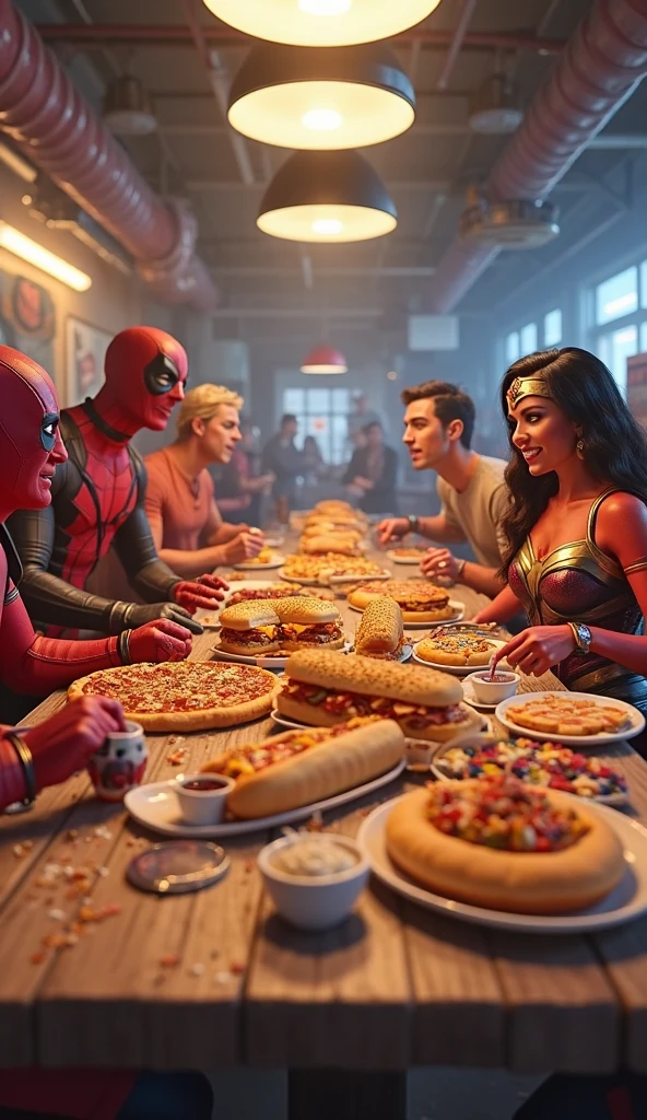 A cinematic Disney/Pixar-style 3D scene of Deadpool, Spider-Man, Harley Quinn, Wonder Woman, and Venom sitting at an oversized food competition table. The table is packed with giant hamburgers, hot dogs, pizzas, and milkshakes. The characters have exaggerated expressions of excitement and determination. The lighting is vibrant and dramatic.
