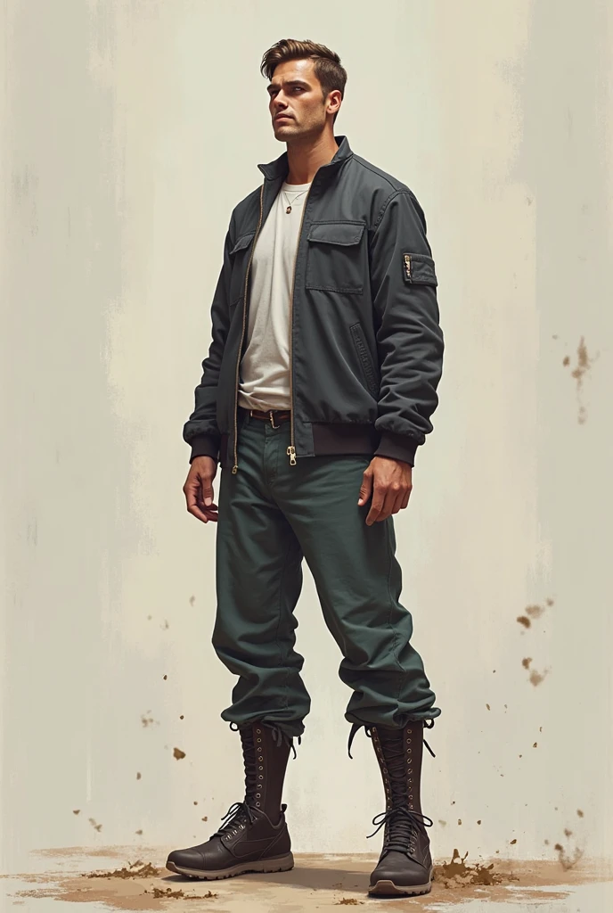 male, height 180cm, modern Chinese, post-apocalyptic, refugee, blue jacket, white t-shirt, blood stains, dirty cargo shorts, leg wounds, military boots, heavy backpack, face dirt and scratches, determined look, Pixar style, detailed, realistic
