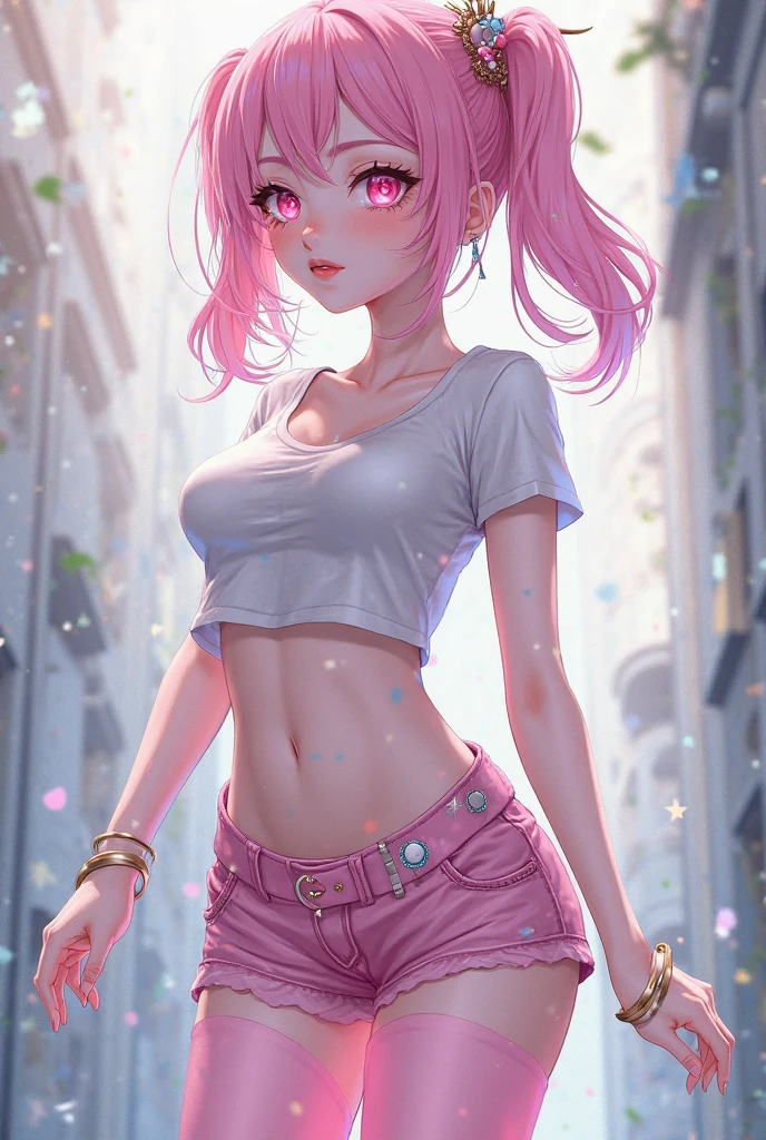 realistic, 1girl, pink hair, green eyes, glowing eyes, crop top, skirt, parted lips, blush, night, flowers, sun, sunlight, big breasts