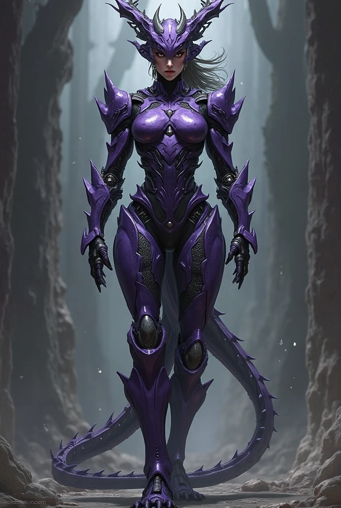 Female deathclaw. Tall. Heavyset. Muscular. Black scale covered body. Eerie purple glowing markings across body. 