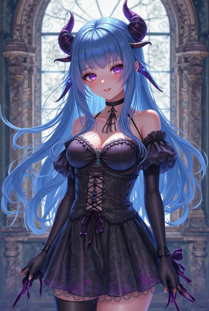 1girl, bangs, bare shoulders, blue hair, chain, earrings, hamel, jewelry, lips, long hair, looking at viewer, parted lips, pink eyes, purple eyes, solo, upper body,huge breasts,smile
