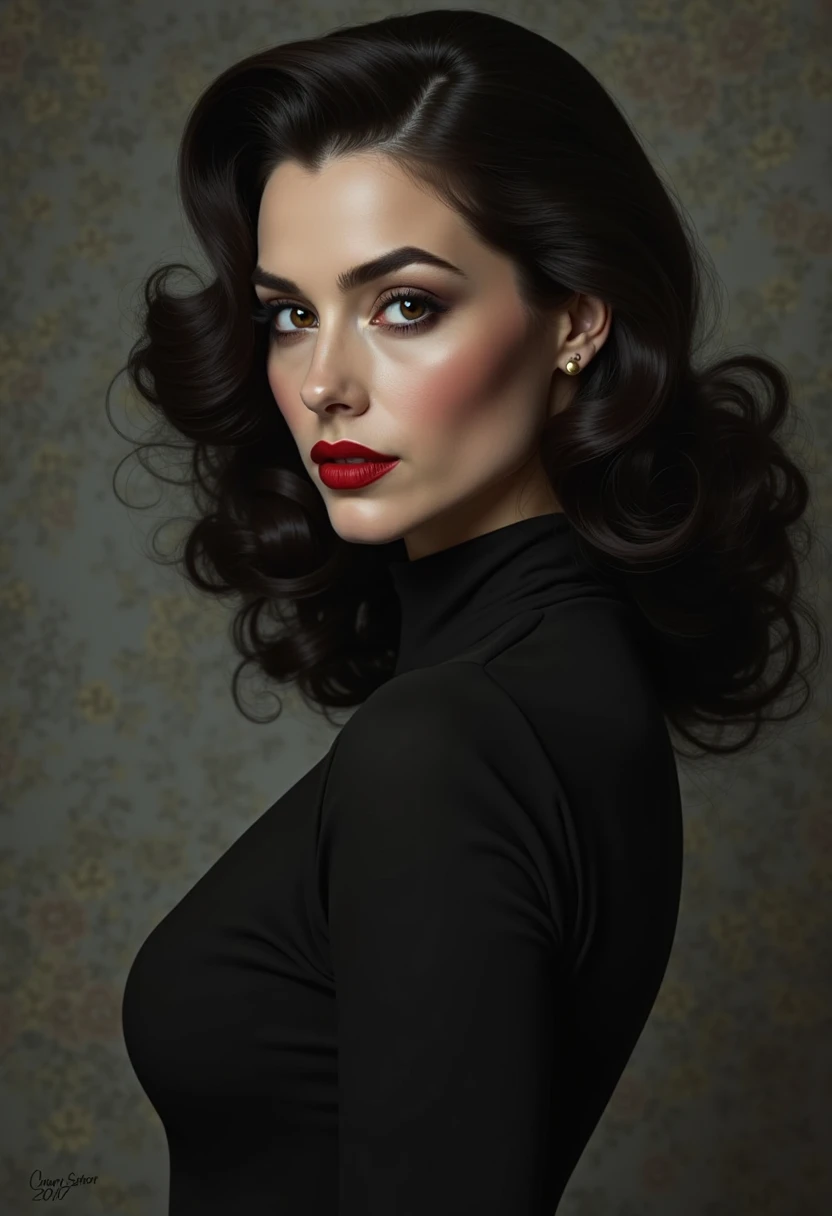HYBRID FACE BETWEEN LINDA EVANGELISTA AND AVA GARDNER , BUST IMAGE STYLE, STUDIO IMAGE STYLE, DIFFUSED LIGHTS ON FACE, STRONG BACK LIGHTS, CLOSE FACE SHOT, BLACK HUGE LONG HAIR, VERY VOLUMOUS HAIR, VERY DARK BLACK HAIR, VERY PALE SKY, HIGH CHEEKBONES, ROSY CHEEKS, GORGEOUS LIPS, SOFT LIPSTICK, FREE COLLAR BODY REGION, VOLUMOUS BREASTS, STRAPLESS CLEAVAGE, ENIGMATIC FACE EXPRESSION, HIGH QUALITY IMAGE, MASTERPIECE, 8K
