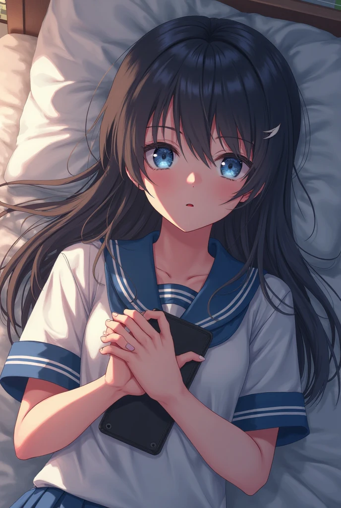 (32K:1.9, Realistic:1.9, Highest quality, masterpiece, Ultra-high resolution), Perfect dynamic composition:1.3, Highly detailed skin and facial textures:1.3, (Cute sexy slim Japanese girl, height: 155cm), ((Lying in bed。Kiss you:1.4)), Fair skin, ((Clarity:1.1)), (The woman is wearing a uniform with a light blue bow tie., Ponytailed black hair:1.3, smile:0.9, A man completely charms a woman:0.9, beautiful Blue Eyes, beautiful, Clear Eyes:0.8), Sexy Face:0.4, blush:1.1, ((beautifulエロティシズムを醸し出す雰囲気:1.0, Professional random camera work:1.0, Cinematic Lighting Effects:1.0, romantic:1.0, artistic:1.0, mysterious:1.0)), Too erotic, Object of admiration, original, dramatic, Innovative, charm, Heartful, Fancy, Tilt, sense of loss, special, exciting, Extreme, sense of openness, joy, joyの表現, ((若さのcharm, 女性的なcharm))