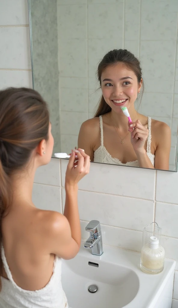 A Realistic Portrait, of a tall scandinavian girl with brown eyes and Dark Brown Hair style, 20 years old, Beautiful, detailed face, detailed eyes, (realistic skin:1.3), (pale skin:1.1), (textured skin:1.3), ((wearing white t shirt)), smile, ((mirror selfie)), ((holding white paper sheet)), (iphone photograph), (perfect medium breasts:1.1), ((bathroom)), (artificial lighting:1.3), looking at the camera, perfect slim body, amateur Photography, Photorealistic, Detailed, analog, poor quality, grainy