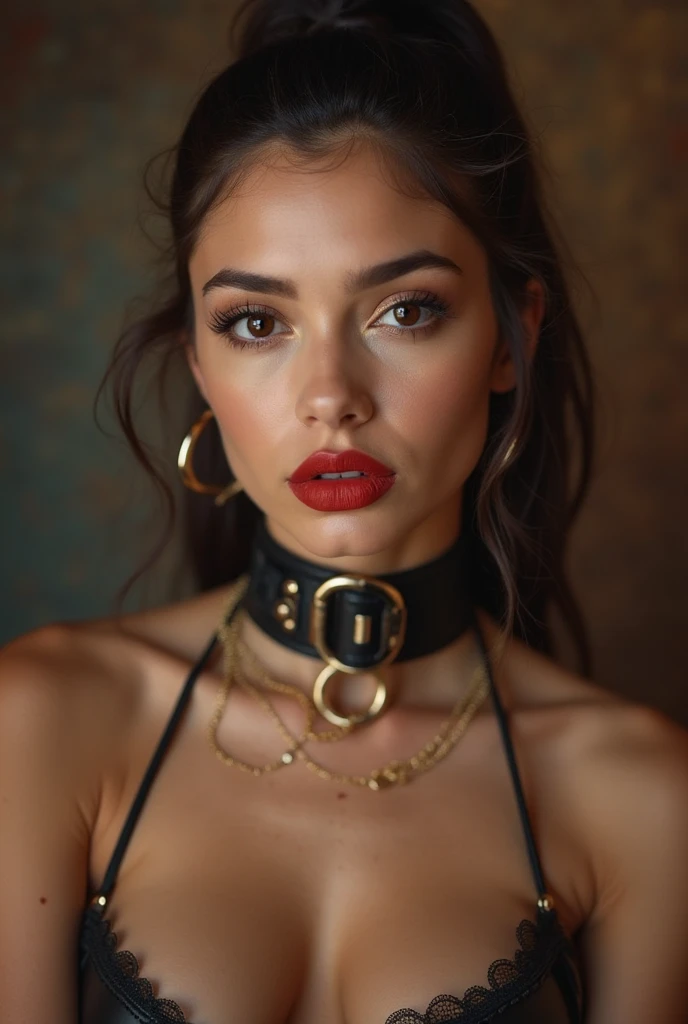 araffed woman in a red bra top and chain around her neck, honey birdette, harnesses and garters, by Hedi Xandt, tease, femme, adriana lima, wearing choker, bralette, leather cuffs around wrists, choker, victoria siemer, satin, decadent, inspired by Hedi Xandt, victoria's secret model --auto --s2
