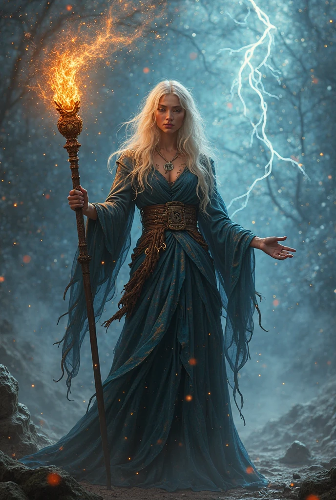 (masterpiece, photorealistic:1.4, extremely intricate:1.3), (photon mapping, radiosity, physically based rendering, ultra resolution, hyper-realistic, photorealistic:1.4, hyper-realistic, 8K), (((blonde buxom Sylph, large breasts))) blue silver sorceress, staff raised, flame power