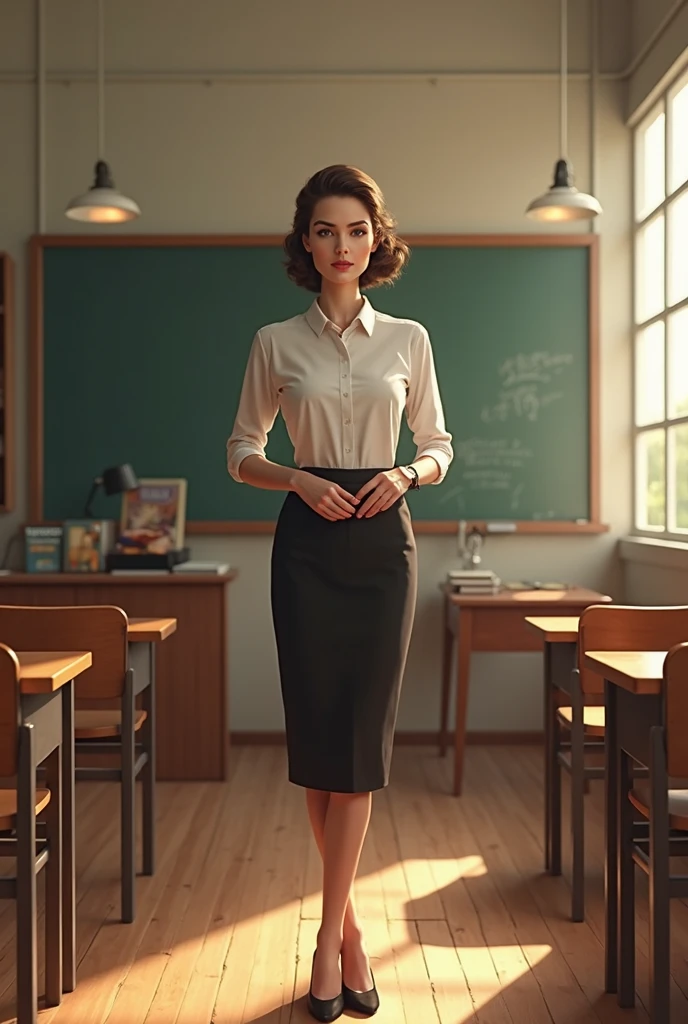 Illustration, refined lineart, a teacher of the french language, she has mid length brown hair, striking hazel eyes, skinny and frail, pinup style, short mini skirt, nervous energy, art by (Art Frahm), 50s illustration style, modern classroom setting, masterpiece, 8k, hdr, painterly style, (art by Claude Monet), rough brushwork, textured paint, she hasperfect hands