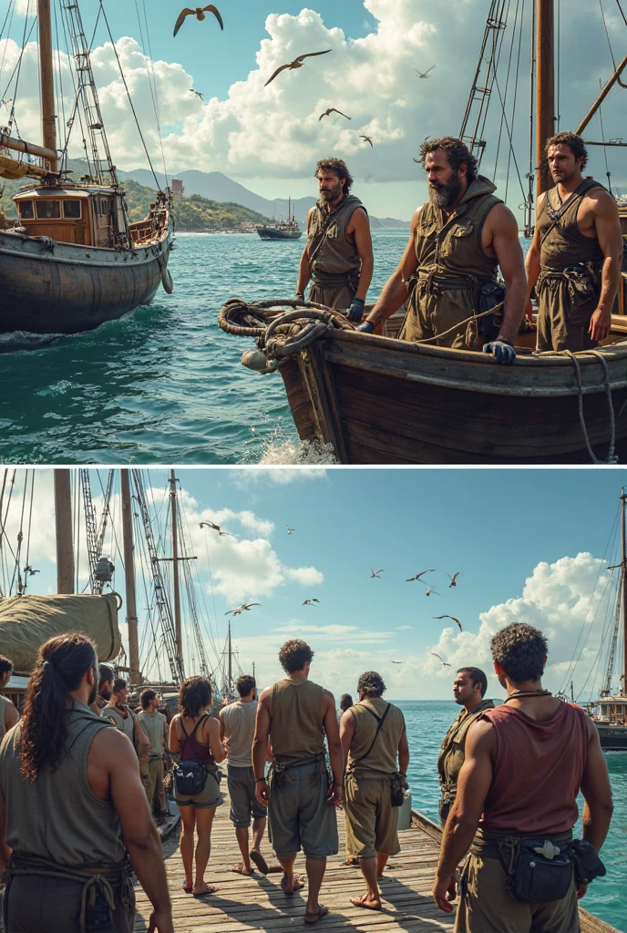 Men loading cargo from a ship