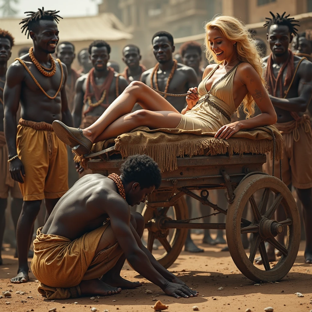 An English woman, millionaire, evil and arrogant, with white skin, silver hair, luxurious pink miniskirt, low-cut blouse, fishnet stockings, and white high-heeled sandals, sitting on a bench, resting her feet on the head of an elderly slave black while she eats an apple. The malnourished, sick and thin old black slave opens his mouth and licks the garbage from the floor while crying in pain under the English woman's feet. In the background a luxurious garden and white English women walk and mock the old slave.