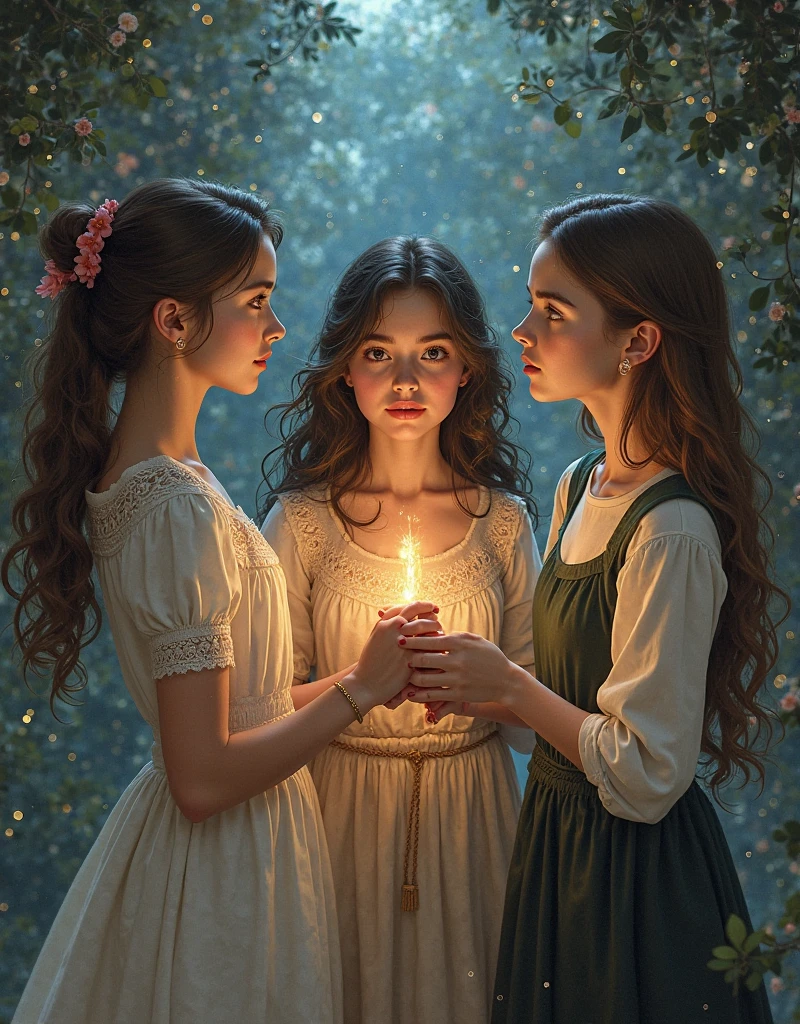 Three girls in Gothic costumes are holding candles and praying, black magic spells, scary horrifying satanic rituals, spell casting, spell casting wizard, Wicca, Bruxas, com poderes de magia negra, !5 three eyed goddesses, em vestes roxas escuras, 3 sisters look into the mirror, Kramskoi 4 mil, holy flame spell, Wiccano, little girl with magical powers