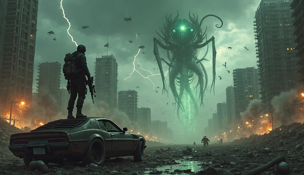 "A dystopian city in ruins, with alien creatures crawling over broken ...