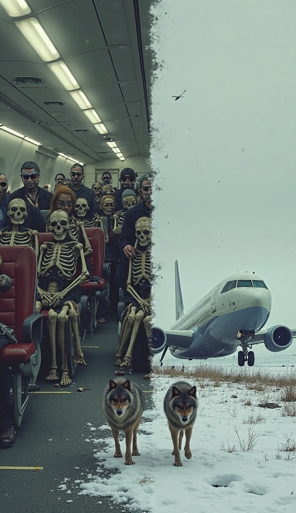 create 4 people sitting inside a plane as if they were skulls with big eyes made of clothes