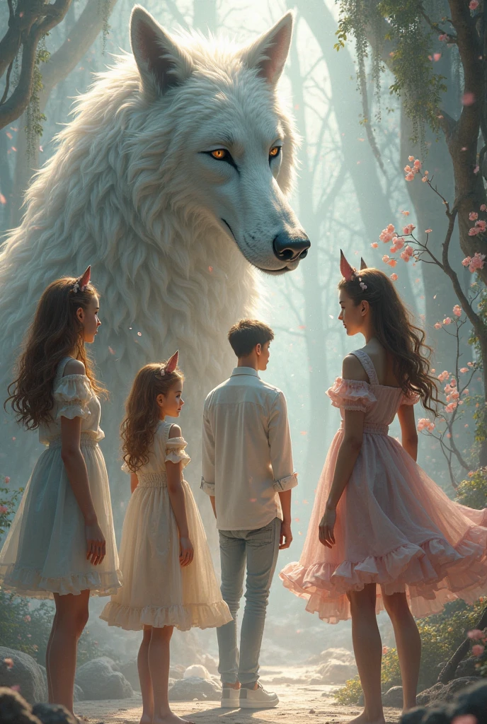  Girl in a simple white dress walking in a crystal paradise accompanied by a wolf in a suit