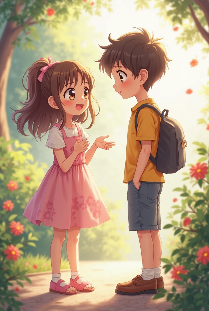 Create a warm and tender Studio Ghibli-style scene of a girl standing next to her boyfriend. The couple is smiling softly at each other, holding hands or standing close together, surrounded by a peaceful and natural environment. The lighting is soft and warm, with a gentle breeze in the air, typical of Ghibli's calming and romantic moments. The scene exudes a sense of comfort and affection, with pastel colors and detailed backgrounds, such as trees, flowers, or a cozy home in the distance