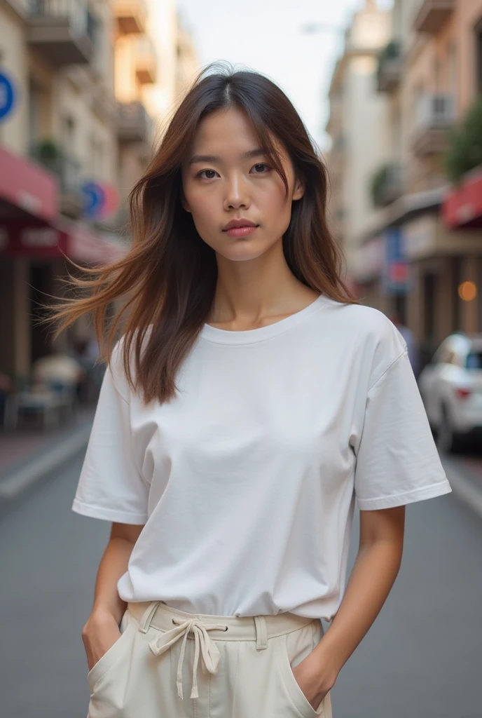 ((best quality)), ((Plain white t-shirts mock up look real photo)), (detailed), perfect face