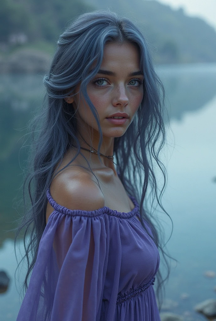 Beautiful biracial latina woman , blue long wavy hair, blue light eyes, large breast, The body entirely hidden behind a tree in forest, spying the viewer, wear a white dress without sleeves, hand on the tree
